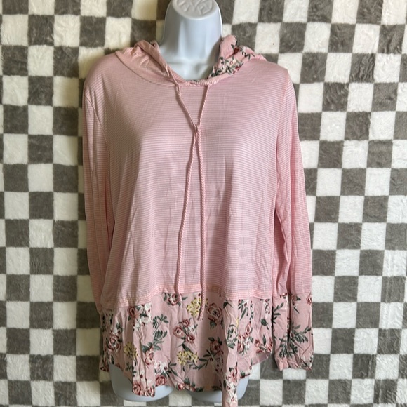 7th Ray Tops - 7th Ray pink and white, long sleeve striped floral tunic shirt hooded T-shirt L